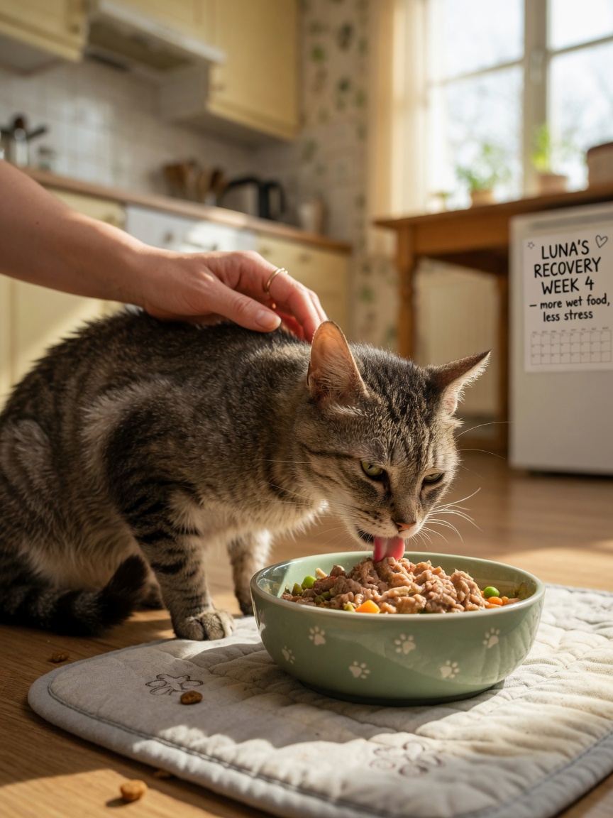 Weakened tabby cat eating nutrient-rich food during cancer treatment with caregiver support