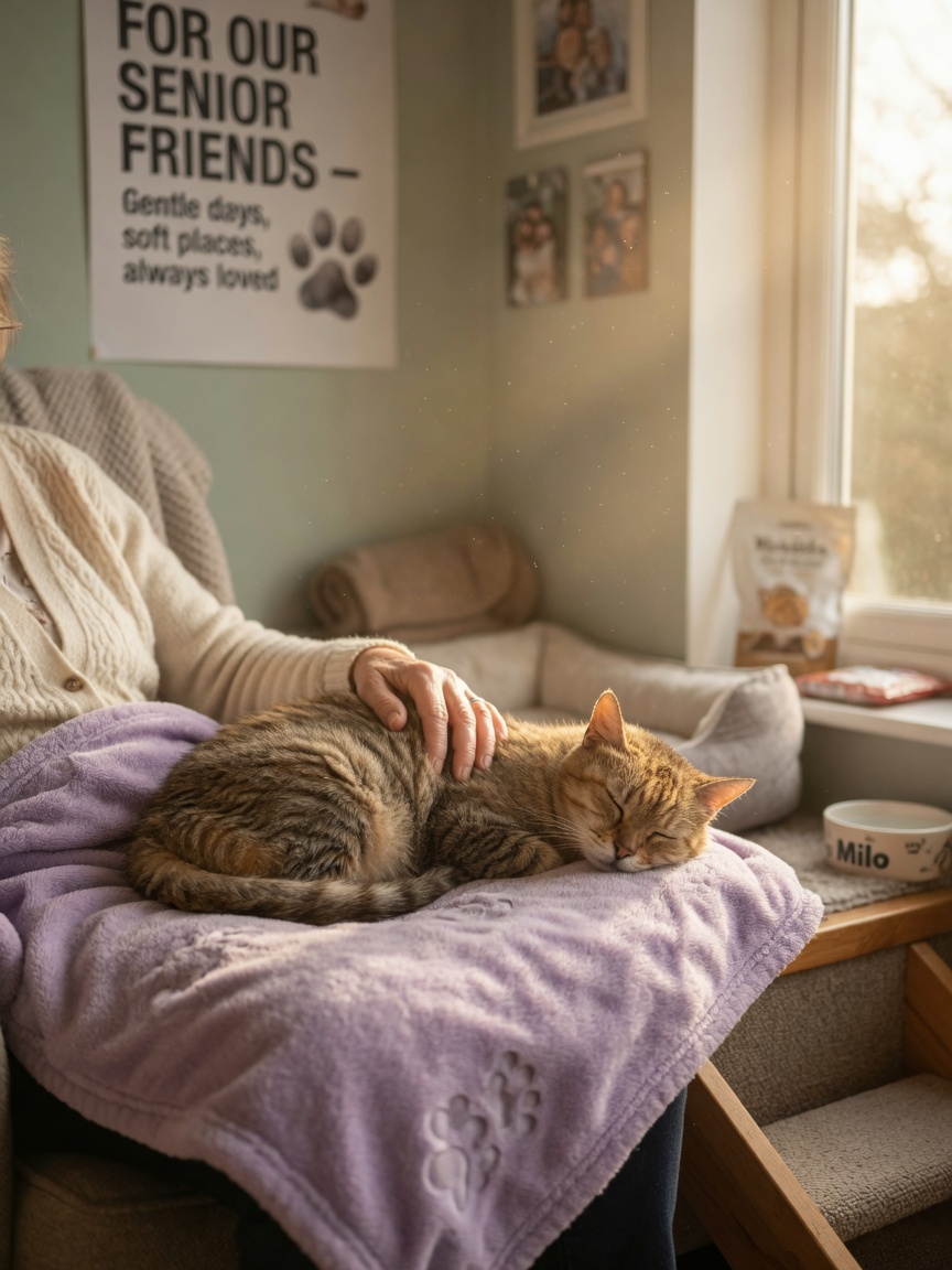 Elderly cat resting peacefully with owner's gentle hand, showing compassionate end-of-life care