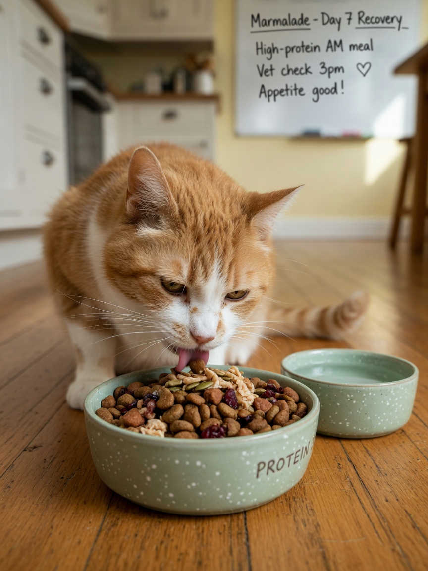 Senior cat eating from a ceramic bowl of high-protein food during recovery, with fresh water bowl nearby in a warm, clean kitchen environment