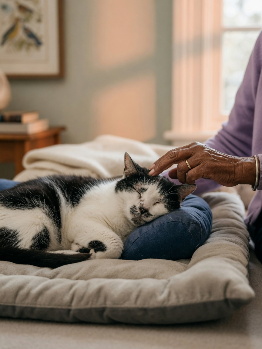 Elderly black and white cat resting peacefully on an orthopedic bed with owner's gentle hand stroking its head, depicting compassionate palliative care