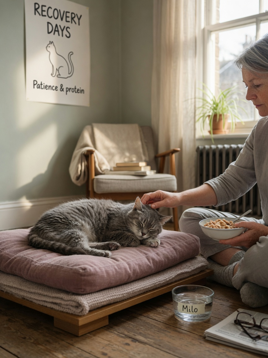 Senior cat resting on soft bedding in a quiet home corner while owner gently provides supportive care and comfort
