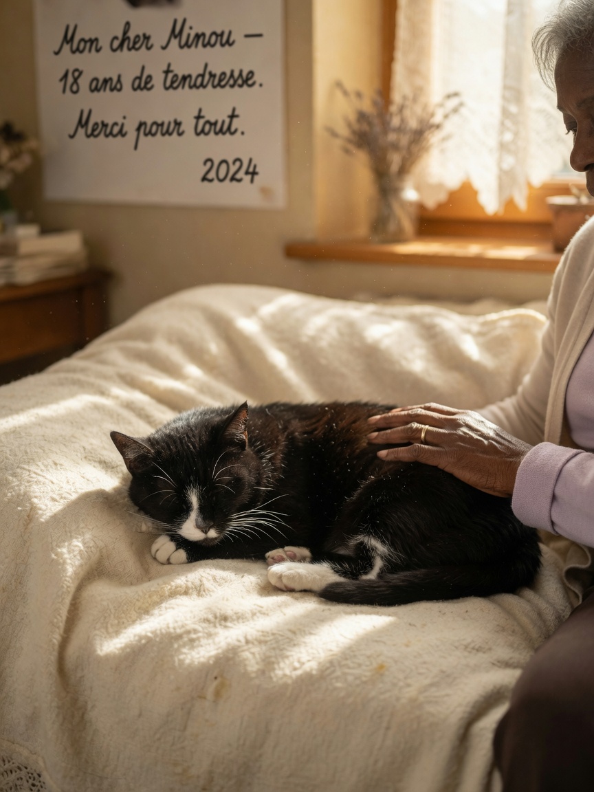 Elderly cat resting peacefully on a soft blanket with owner's gentle hand providing comfort in warm natural light