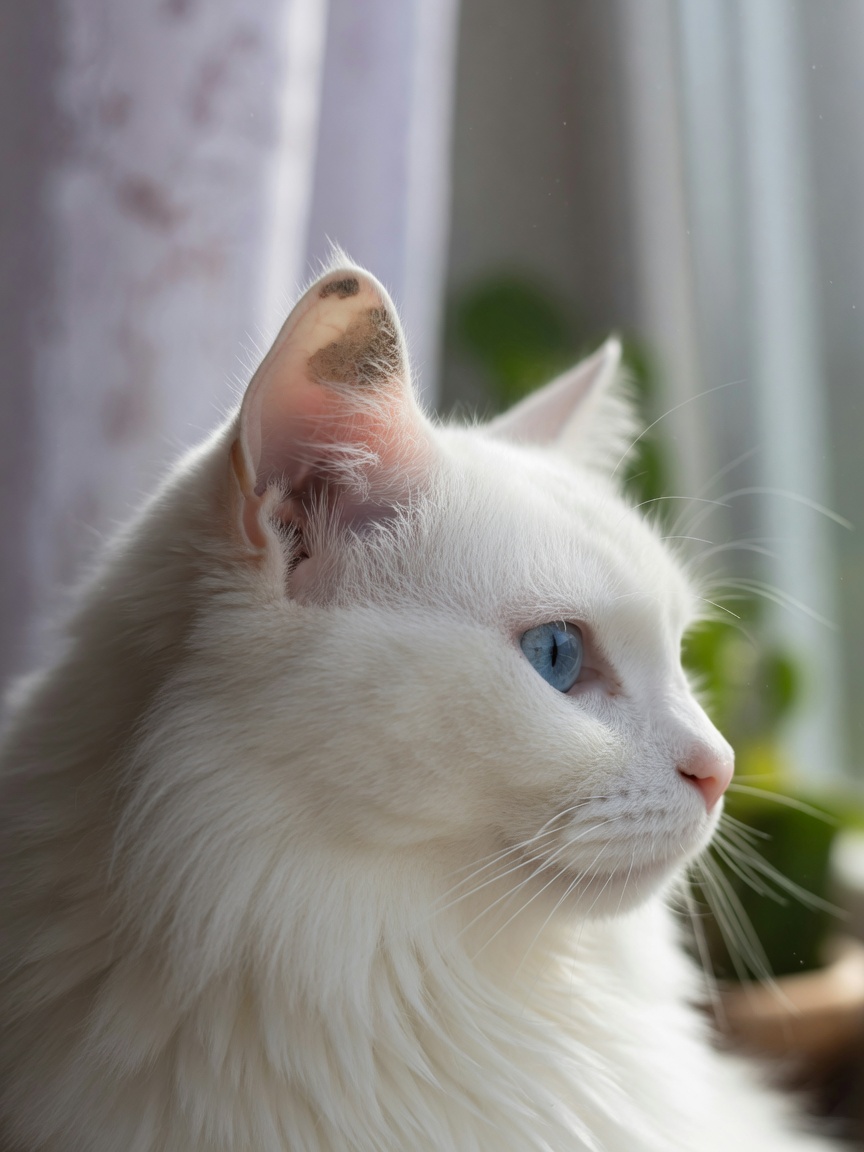 Close-up of white cat's ear showing potential early skin lesion that may indicate squamous cell carcinoma