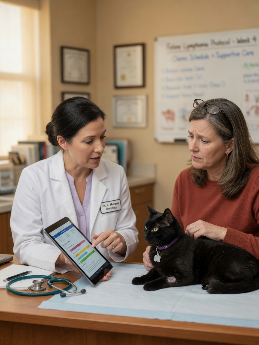 Veterinary oncologist consulting with cat owner about cancer treatment options in clinical setting