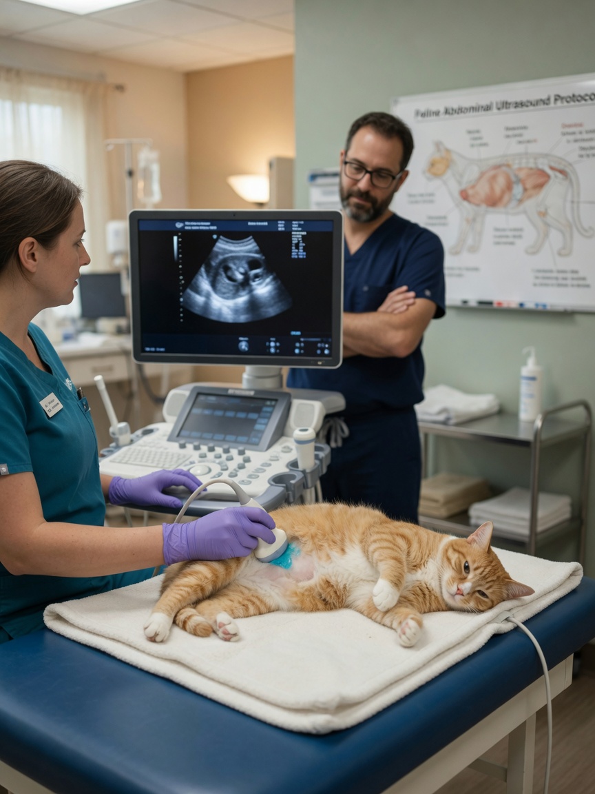Veterinary technician performing an ultrasound examination on a calm tabby cat during diagnostic imaging procedure