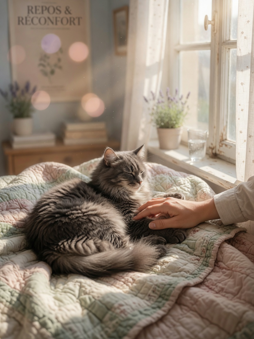 Senior grey cat resting peacefully on a soft blanket with owner's hand gently supporting the animal near a warm window