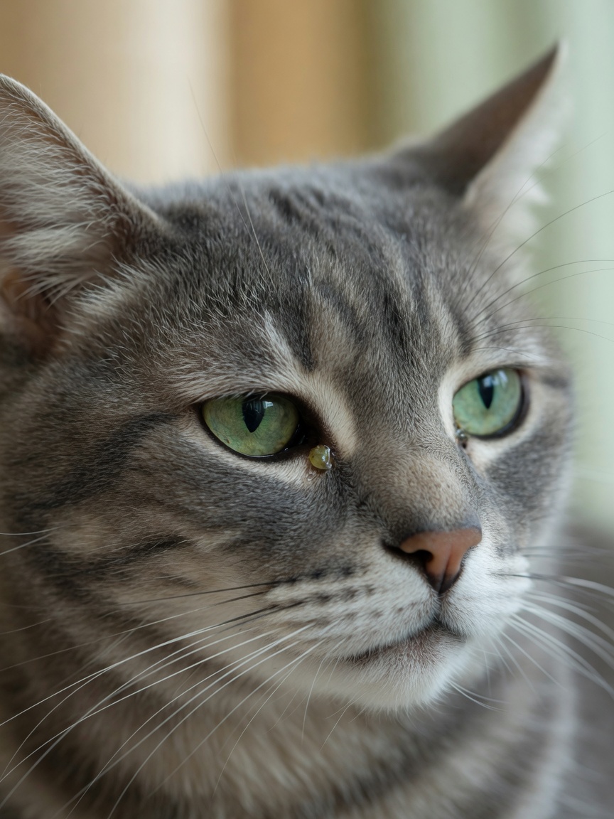Close-up of a cat's eye showing early warning signs including slight cloudiness and discharge