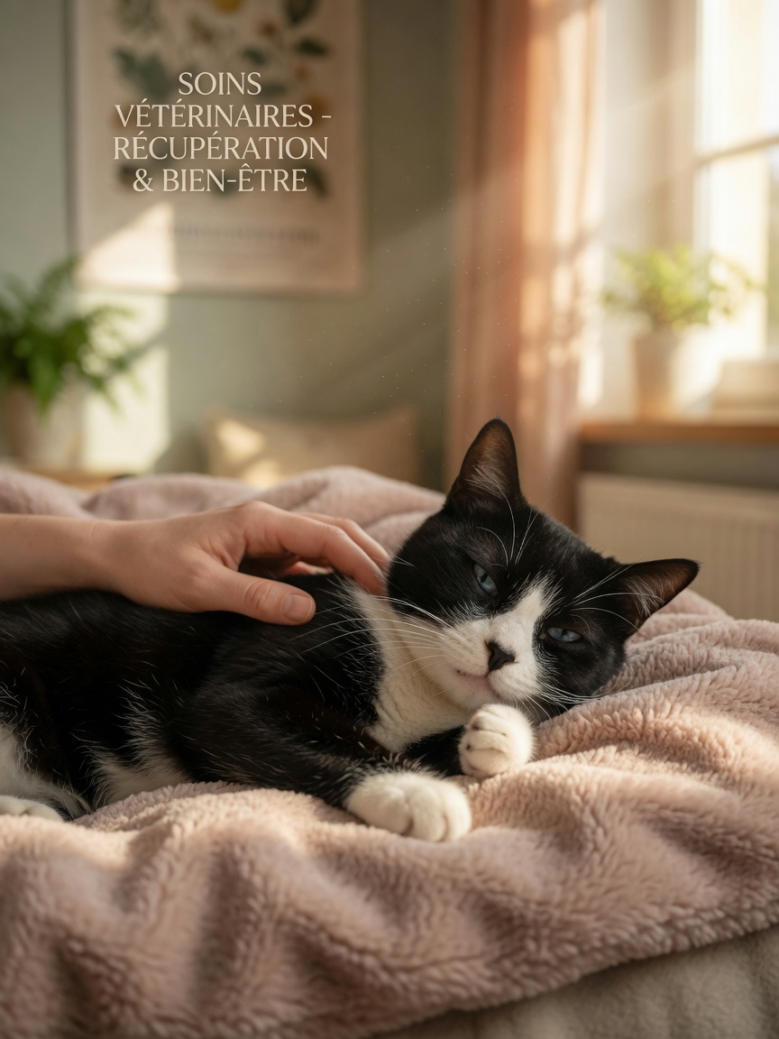 Cat resting peacefully on a soft blanket with owner's supportive hand, bathed in warm window light