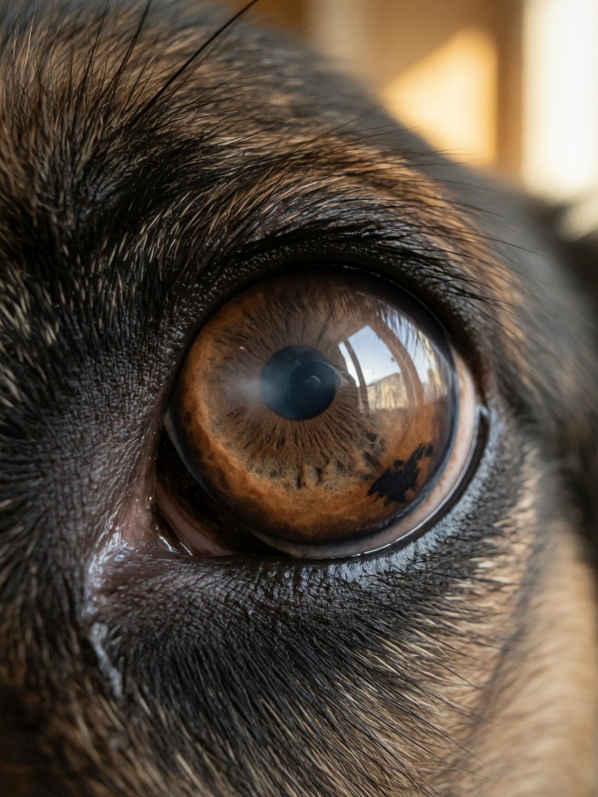 Close-up of a German Shepherd's eye showing subtle pigmentation changes and cloudiness indicative of ocular tumour