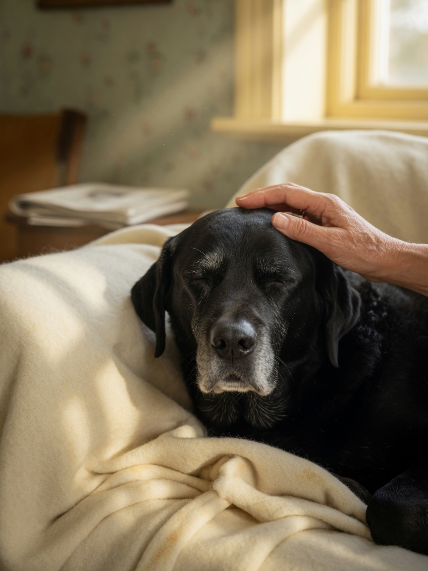 Elderly black Labrador Retriever resting peacefully on a soft blanket with owner's gentle hand providing comfort
