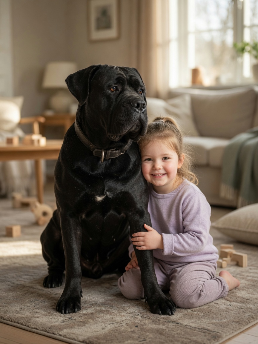 A muscular Cane Corso calmly sitting indoors with a young child, showing supervised family interaction and the breed's affectionate nature