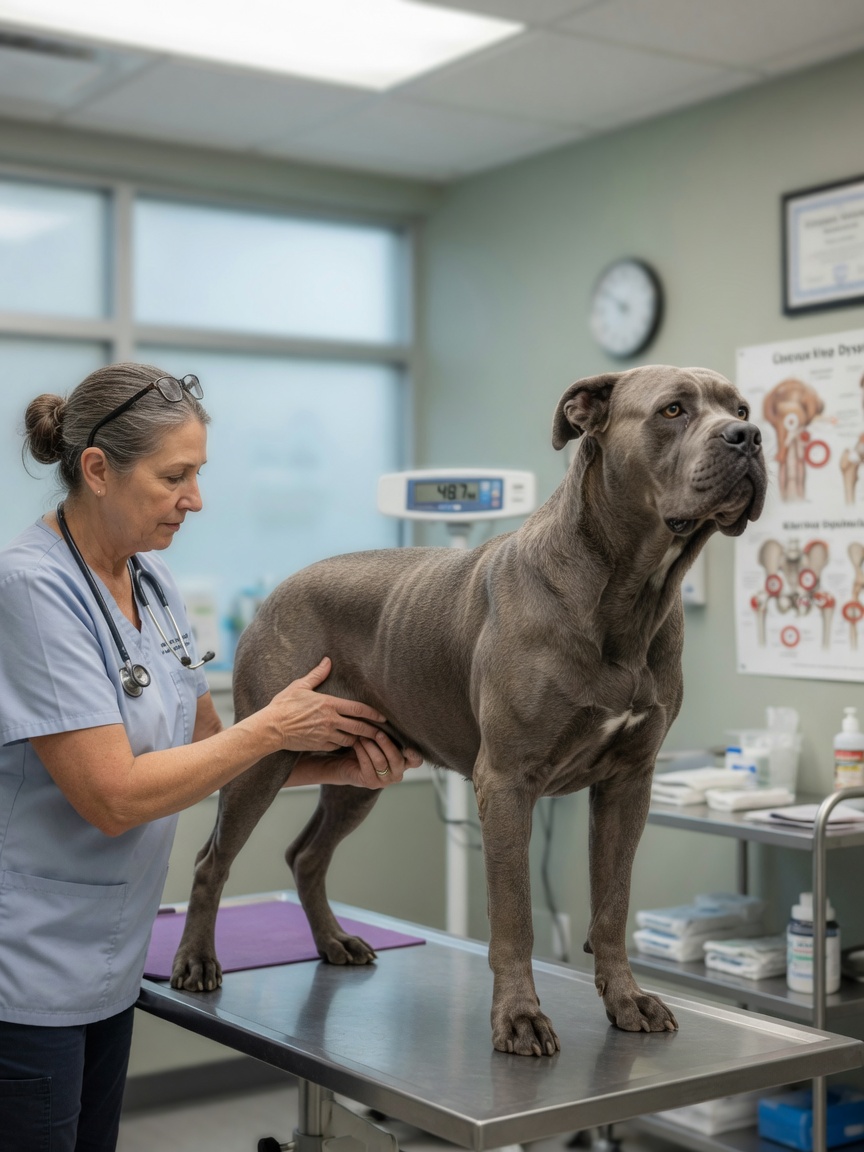 A grey Cane Corso standing calmly during a veterinary hip examination, illustrating health screening for joint dysplasia in large breeds