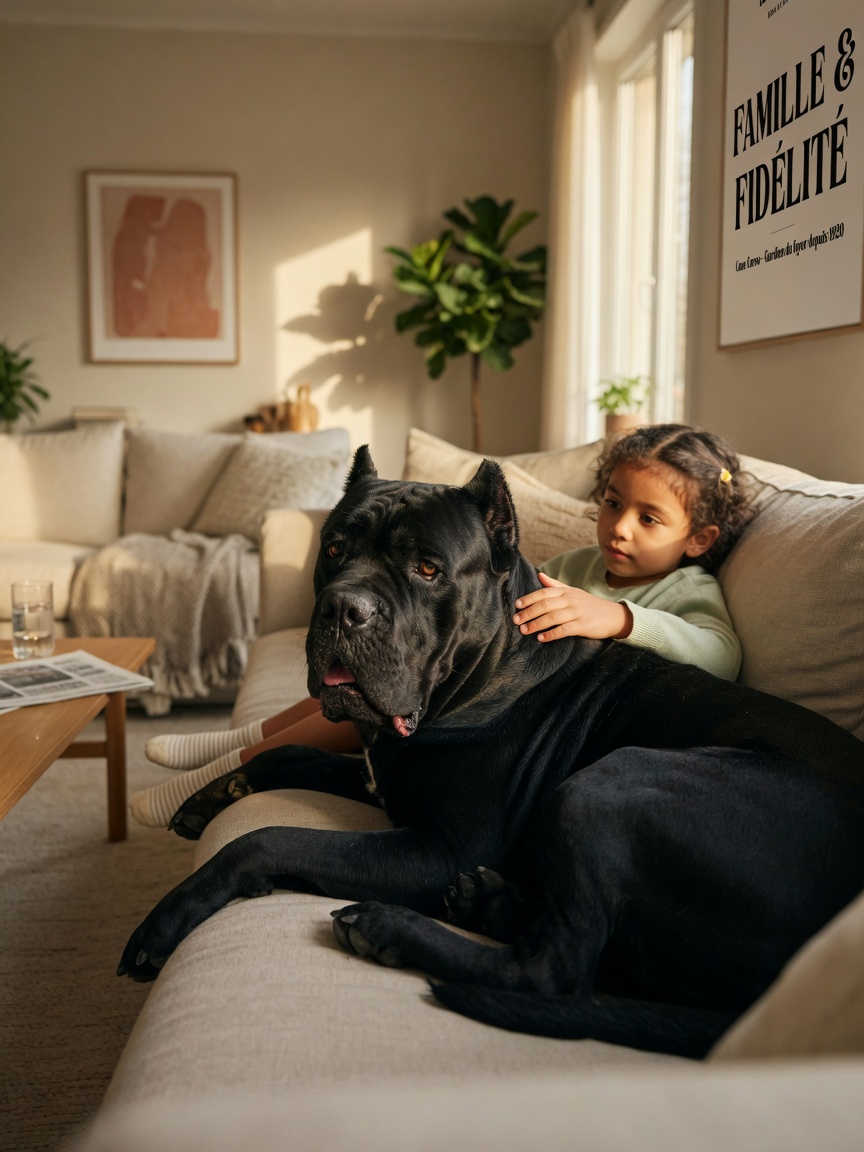 A gentle Cane Corso resting affectionately with a child on a living room sofa, demonstrating the breed's patience and devotion to family