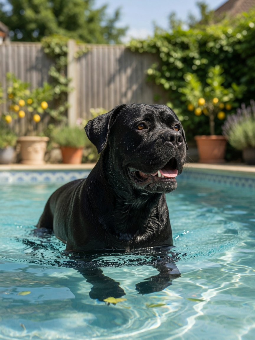 A muscular black Cane Corso swimming in a garden pool, enjoying exercise and water play in a secure environment