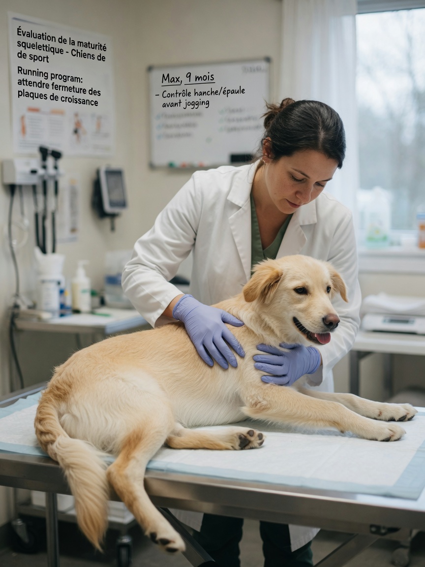 Veterinarian performing growth plate assessment on young dog during pre-running evaluation