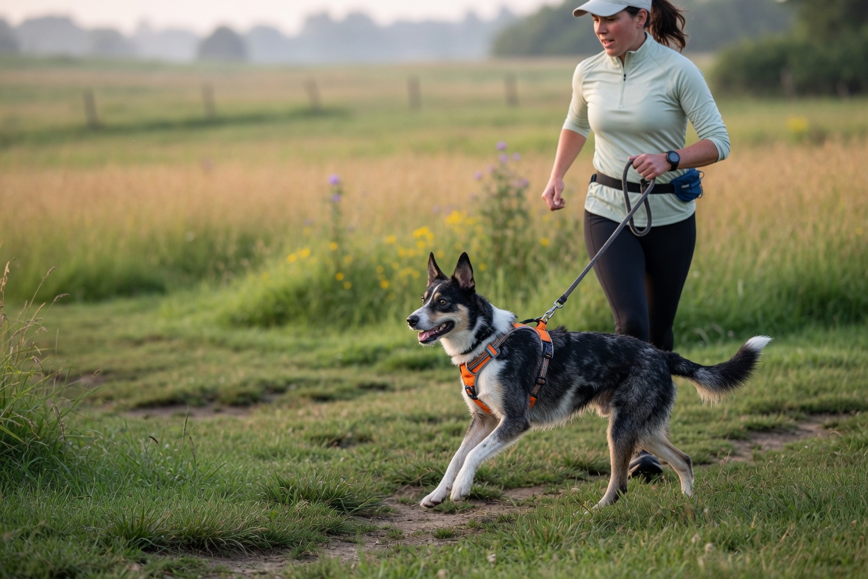 Dog and handler performing progressive run-walk interval training on natural grass surface