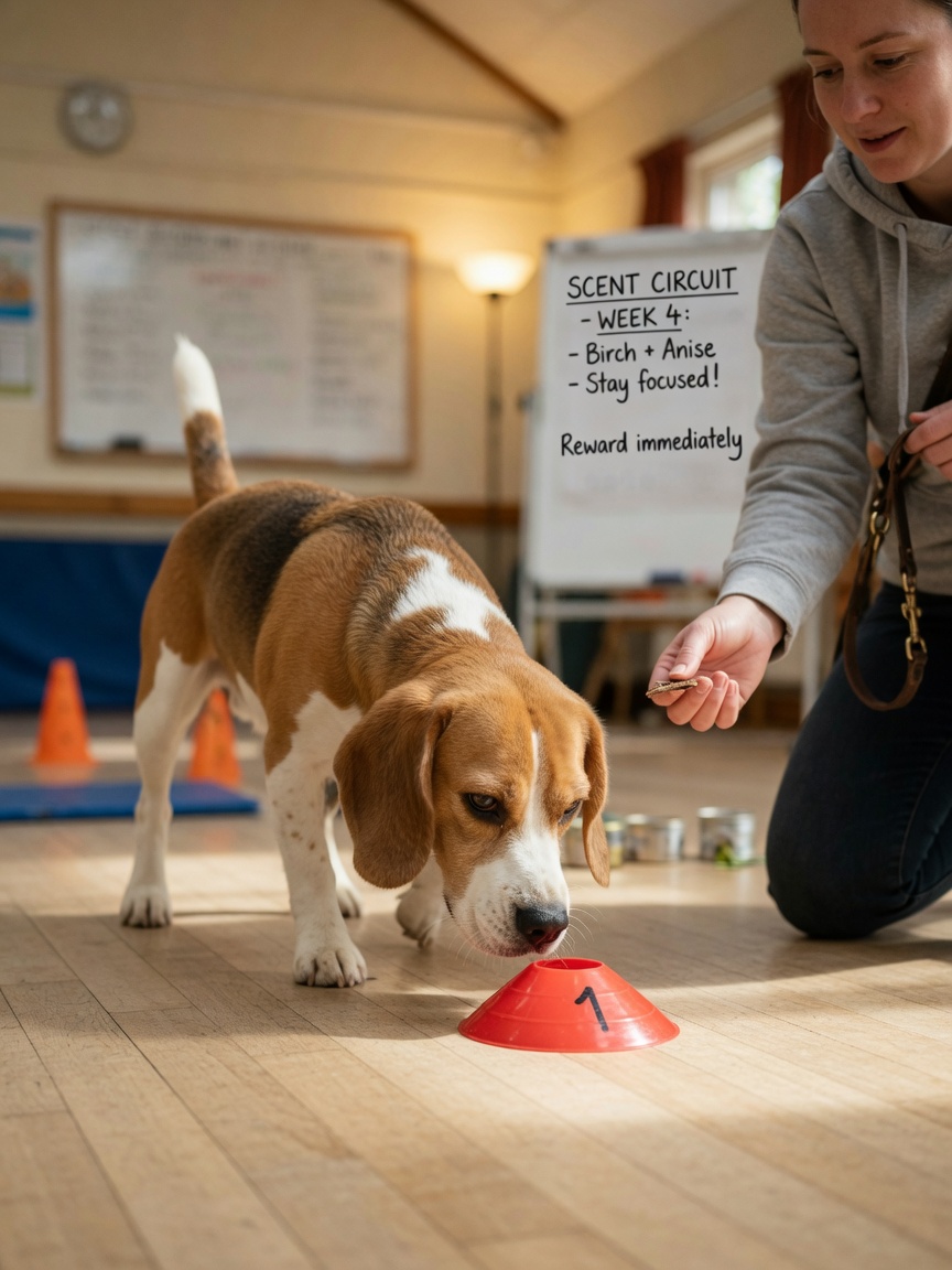 A tan and white beagle with floppy ears demonstrates concentrated scent detection work during professional training with a handler reinforcing positive behavior.