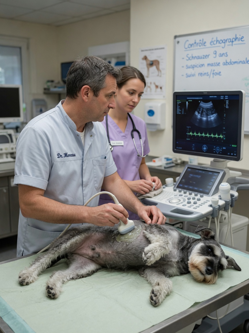 Veterinarian performing an ultrasound examination on a Schnauzer to diagnose bladder stones