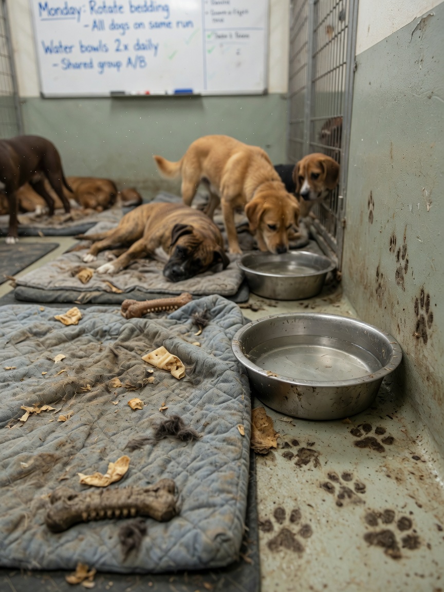 Kennel environment showing shared bedding and surfaces where canine brucellosis bacteria can spread between dogs