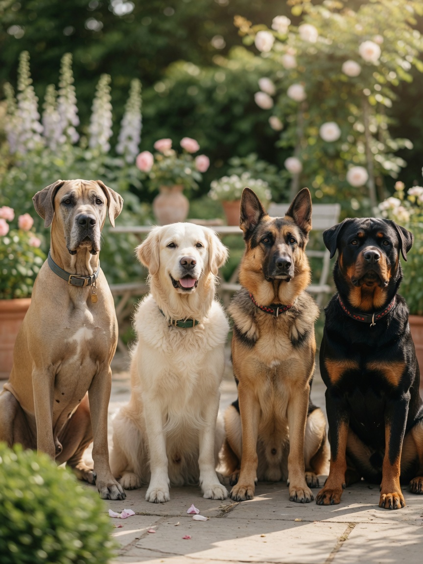 Four large-breed dogs together: Great Dane, Golden Retriever, German Shepherd, and Rottweiler in a garden setting