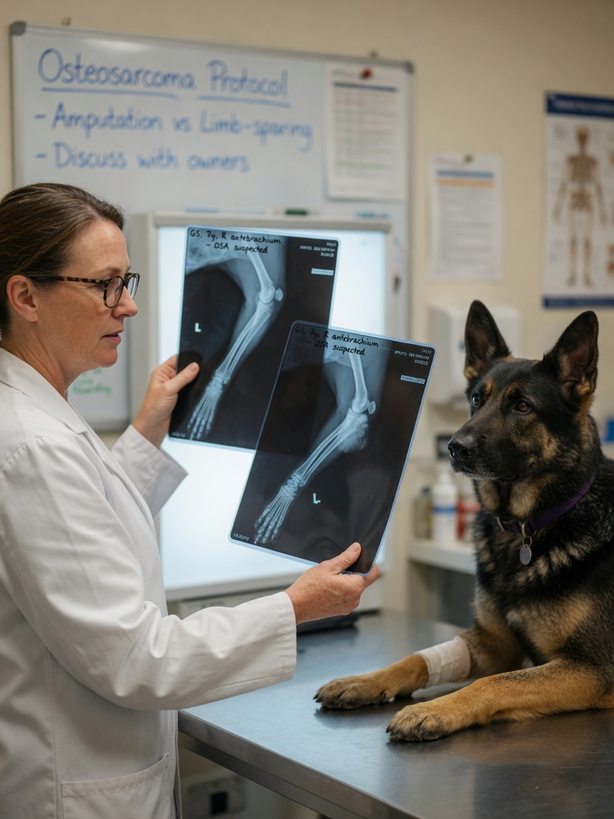 Veterinarian reviewing X-ray images on a lightbox with a German Shepherd watching from examination table