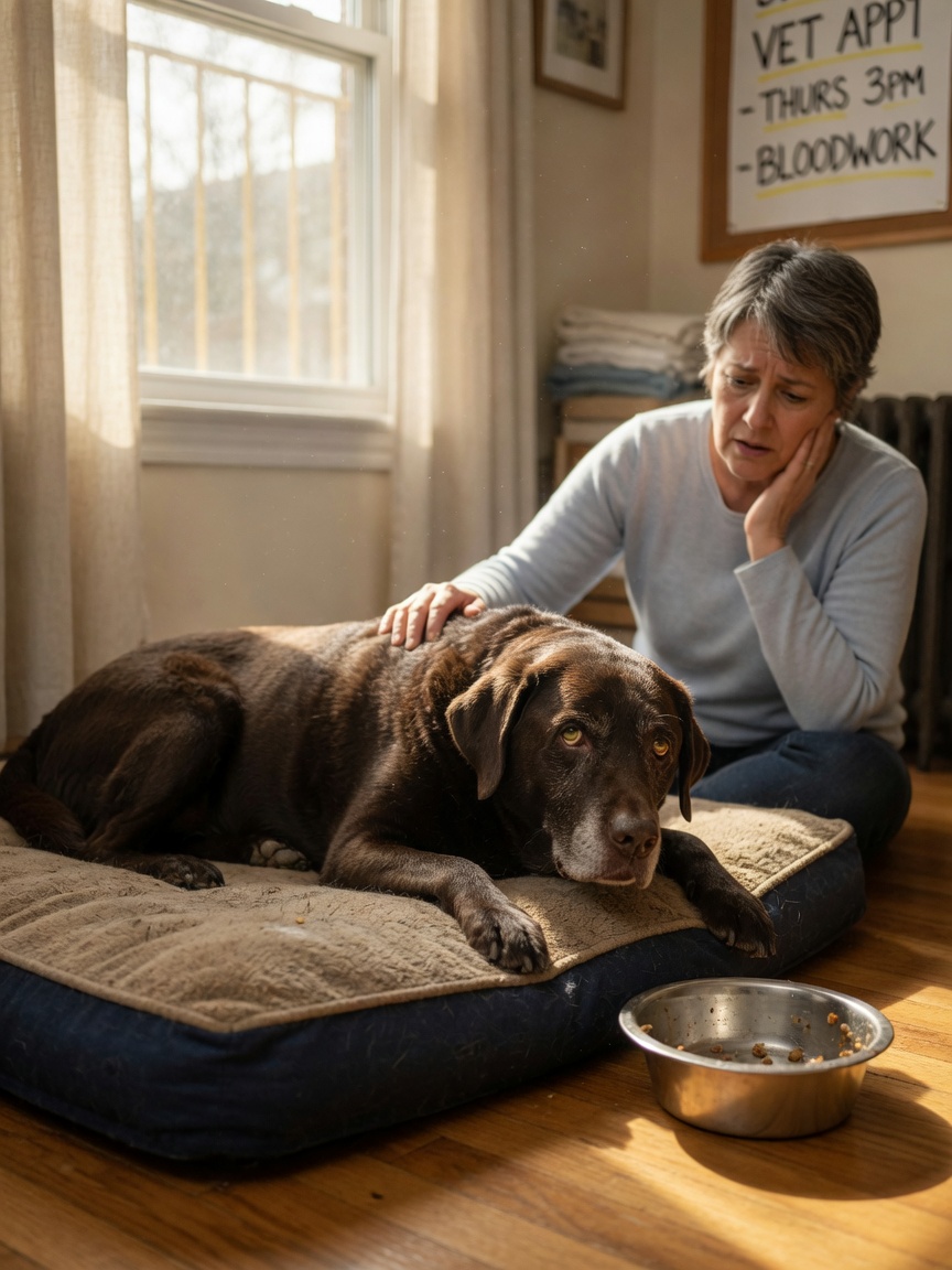 Senior dog with visible jaundice symptoms of cholangiohepatitis resting on a dog bed while owner observes with concern