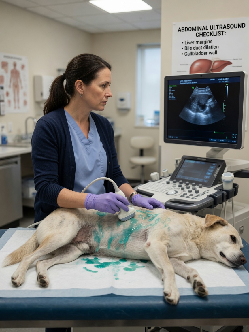 Veterinarian performing ultrasound imaging on a dog's abdomen to diagnose cholangiohepatitis and assess bile duct inflammation
