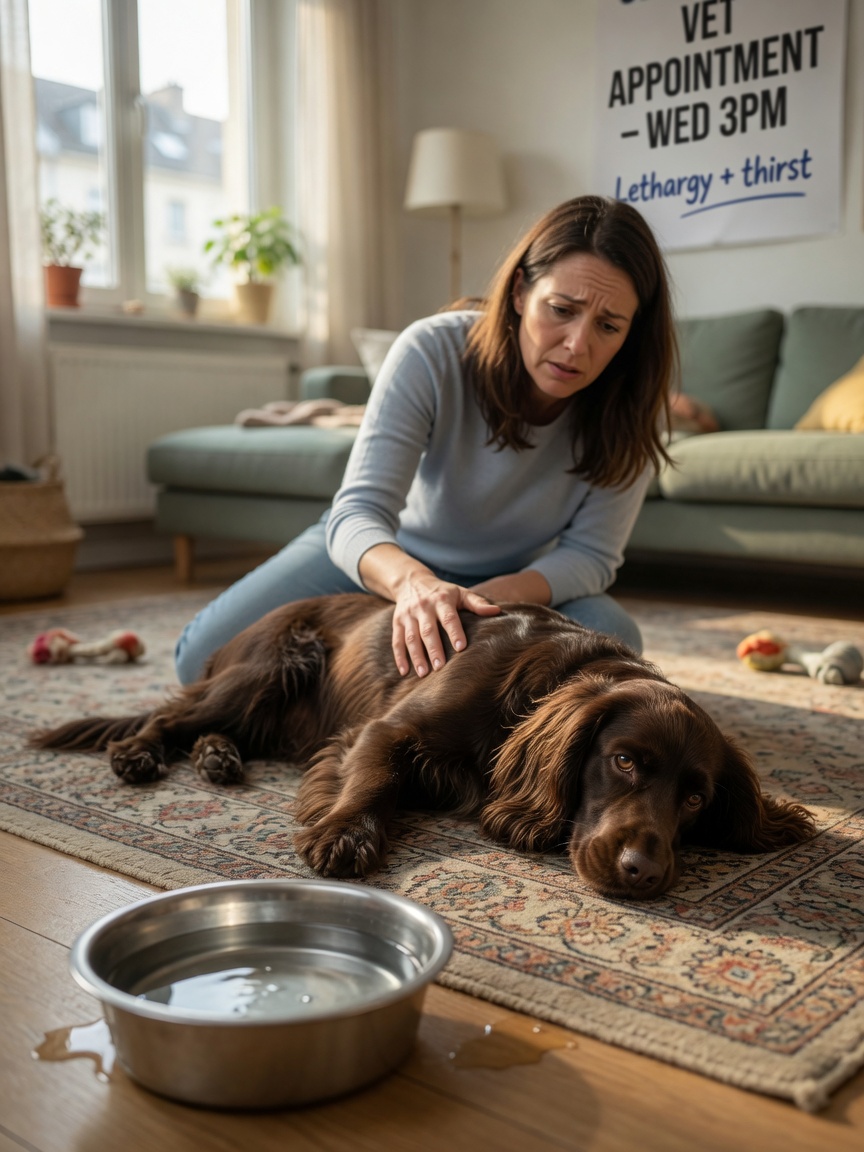 Dog owner observing their lethargic Cocker Spaniel showing signs of chronic hepatitis including lethargy and increased water intake