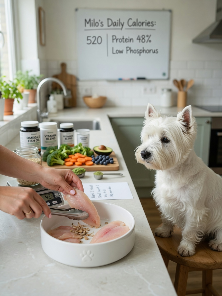 Owner preparing a specialized therapeutic diet with controlled portions of high-quality protein for a dog with chronic hepatitis