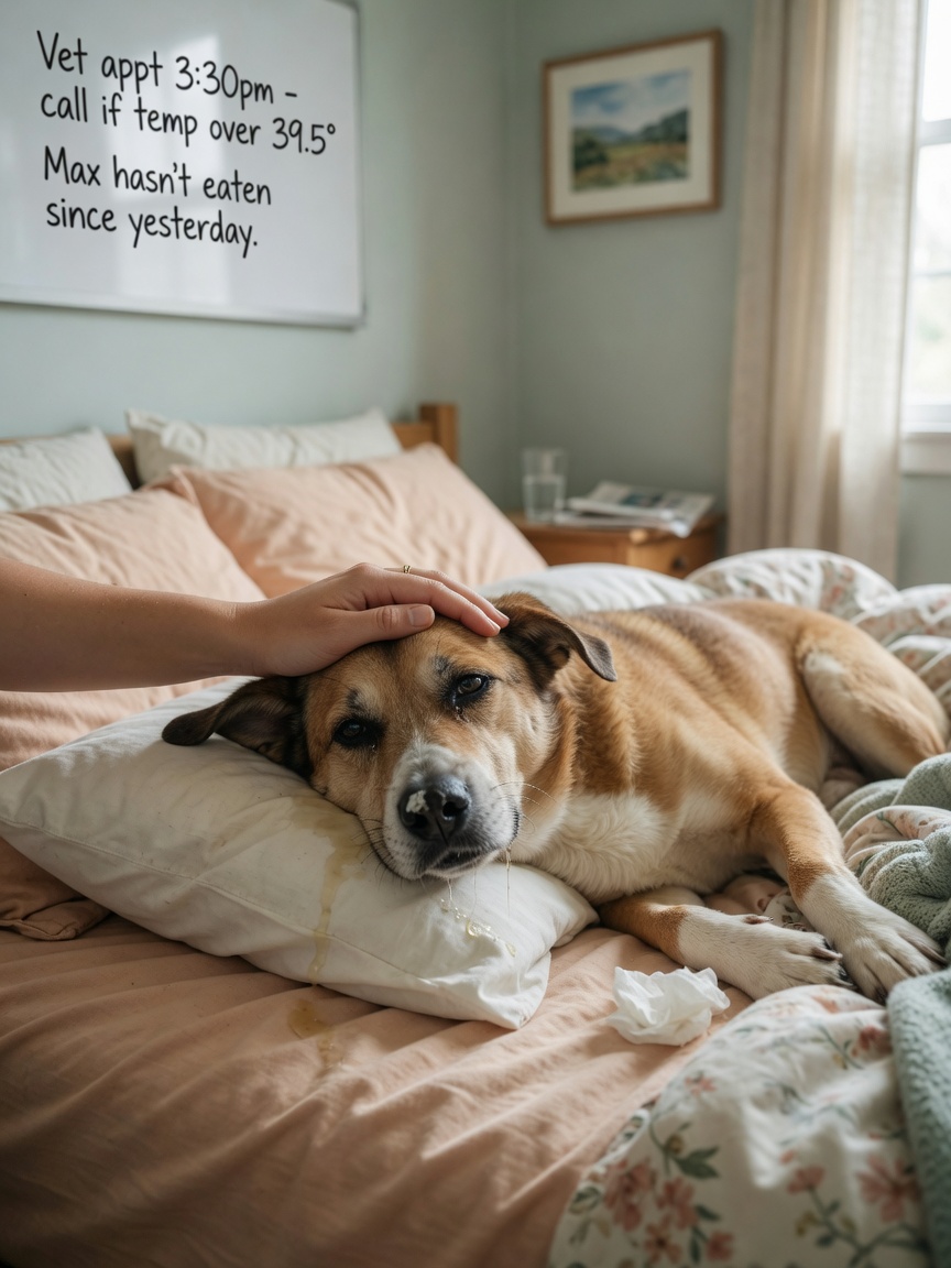 Cão doente deitado na cama mostrando letargia e corrimento nasal, sintomas precoces da traqueíte canina