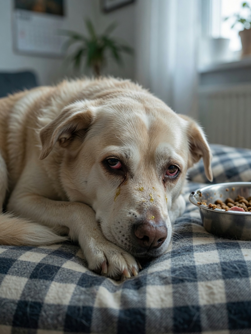 Sick dog displaying symptoms of illness including lethargy, nasal discharge, and inflamed eyes while resting indoors