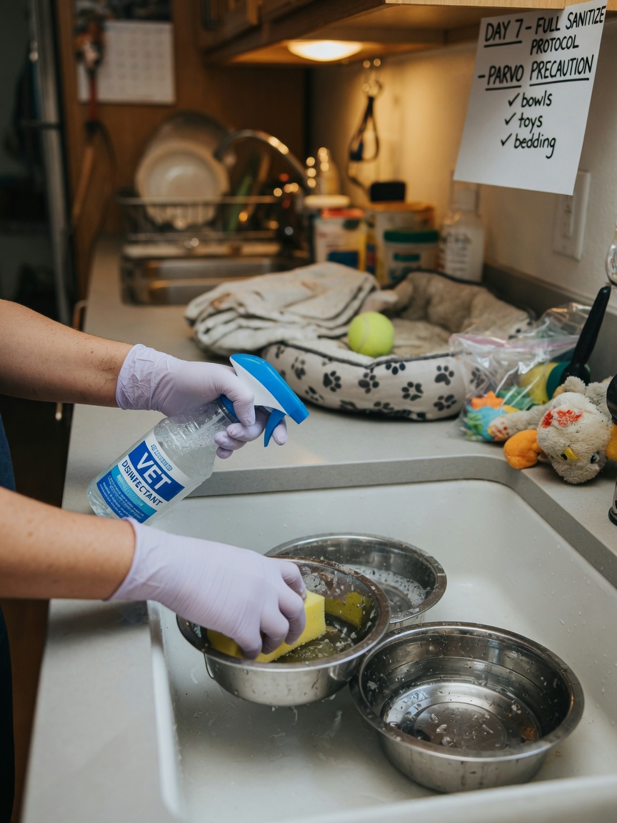 Caregiver disinfecting dog bowls and bedding following strict hygiene protocols to prevent virus transmission