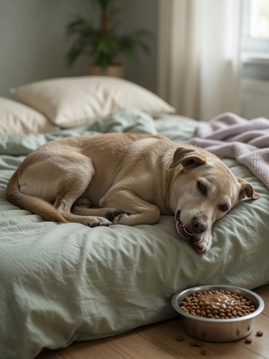 Lethargic dog lying in bed with visible signs of illness including dry eyes and pale mucous membranes near an uneaten food bowl