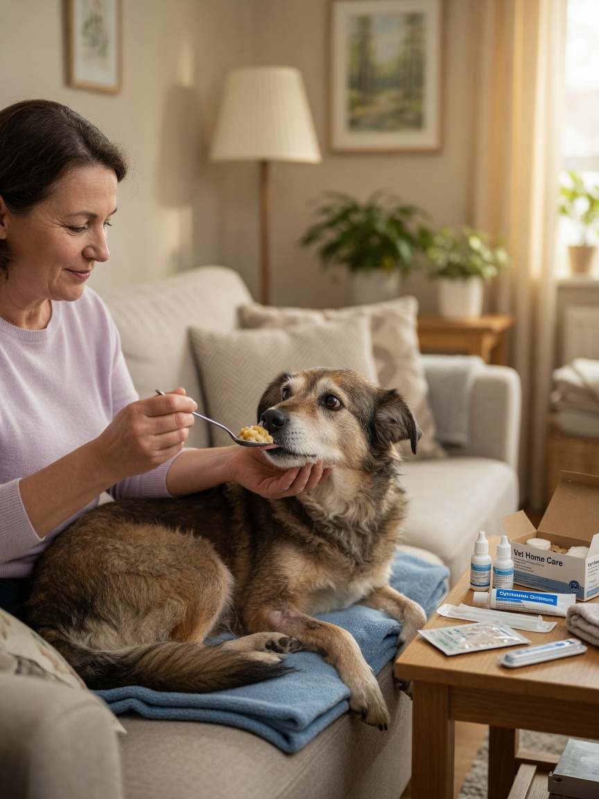Owner hand-feeding sick dog soft food while eye care supplies sit nearby on table, demonstrating supportive home management