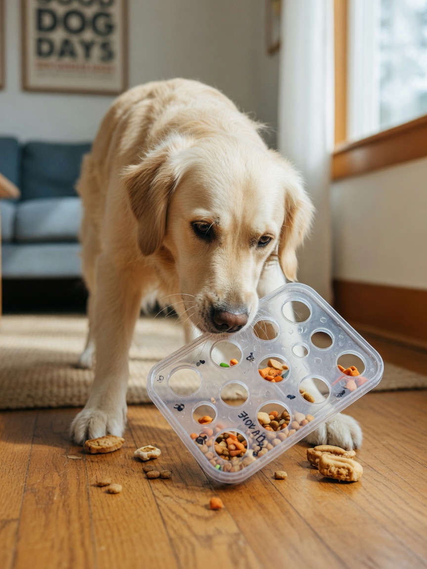 Golden retriever solving a DIY puzzle feeder toy on the floor