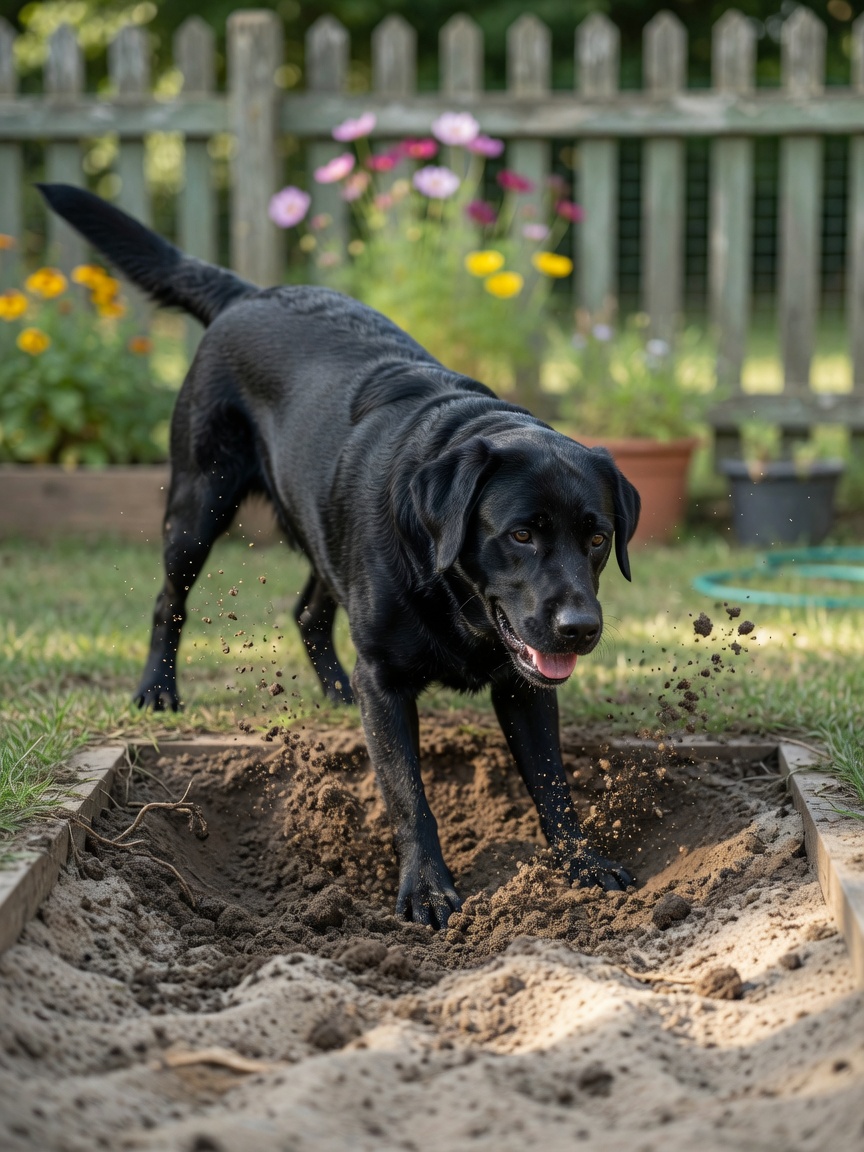Black Labrador Retriever digging in a designated garden sand pit for enrichment
