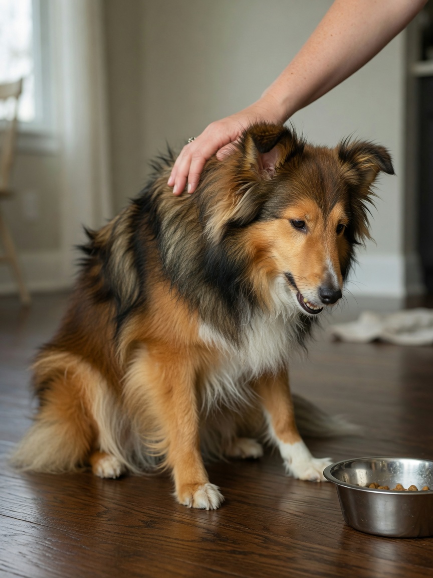 Shetland Sheepdog displaying symptoms of gallbladder mucocele including yellowing gums and abdominal discomfort