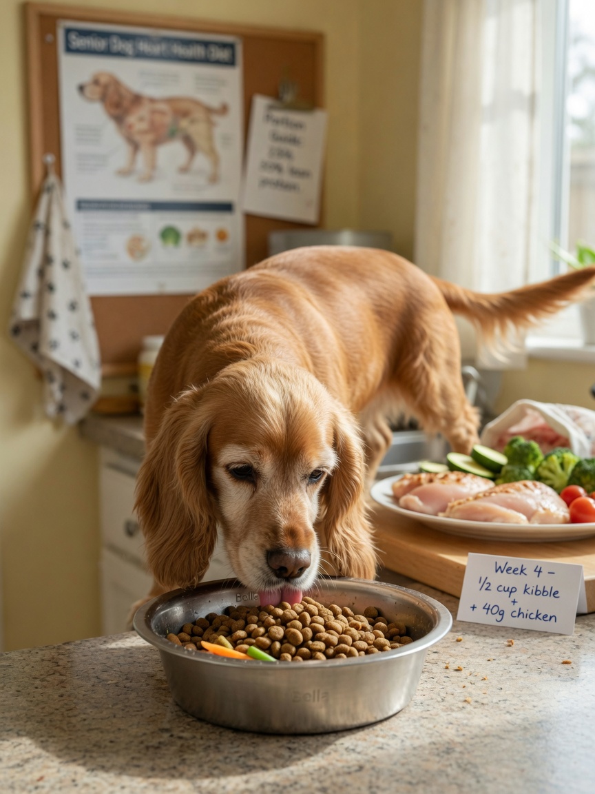 Senior Cocker Spaniel eating low-fat prescribed diet as part of long-term gallbladder mucocele management and prevention