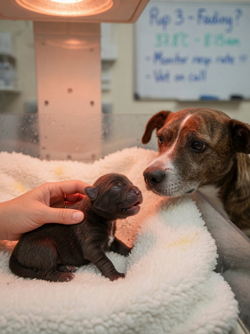 Weak newborn puppy with respiratory distress receiving supportive care and warmth during canine herpesvirus infection treatment
