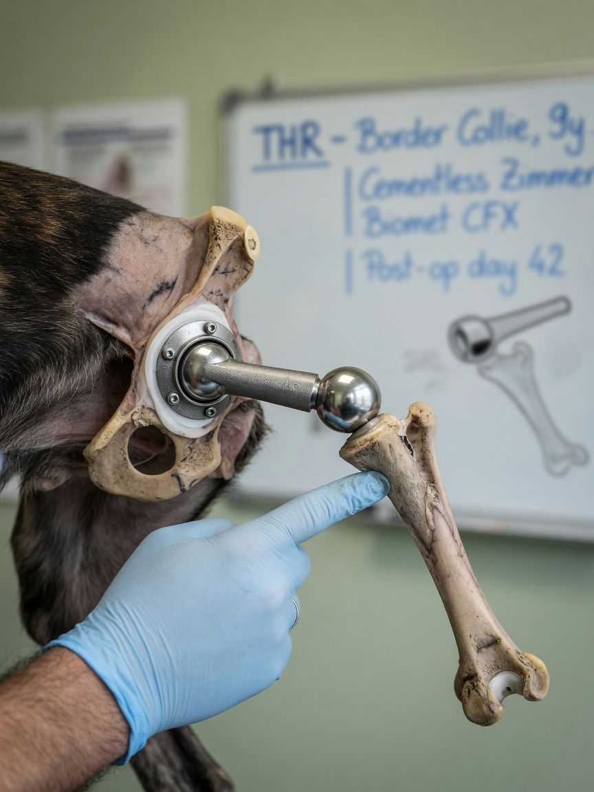 Canine hip implant showing artificial ball and cup components demonstrating total hip replacement articulation