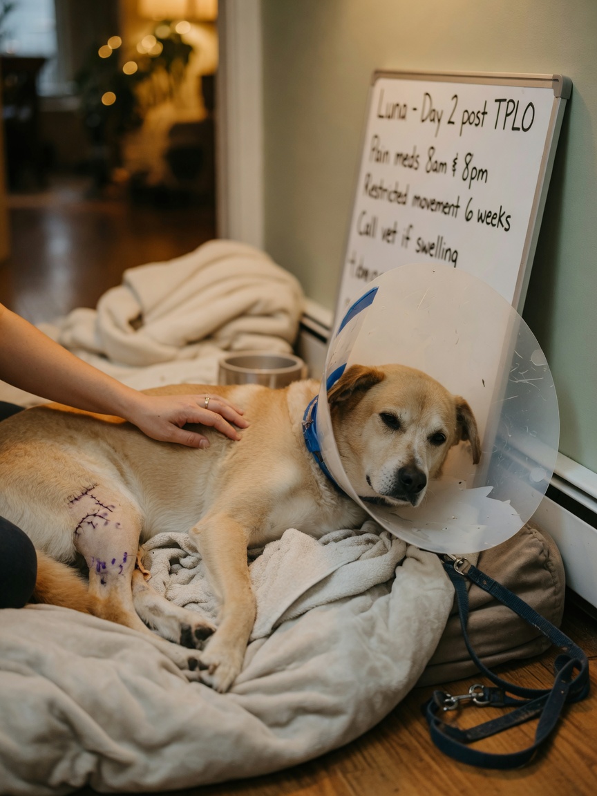 Recovering dog wearing protective cone resting on soft bedding during early post-operative hip replacement recovery period