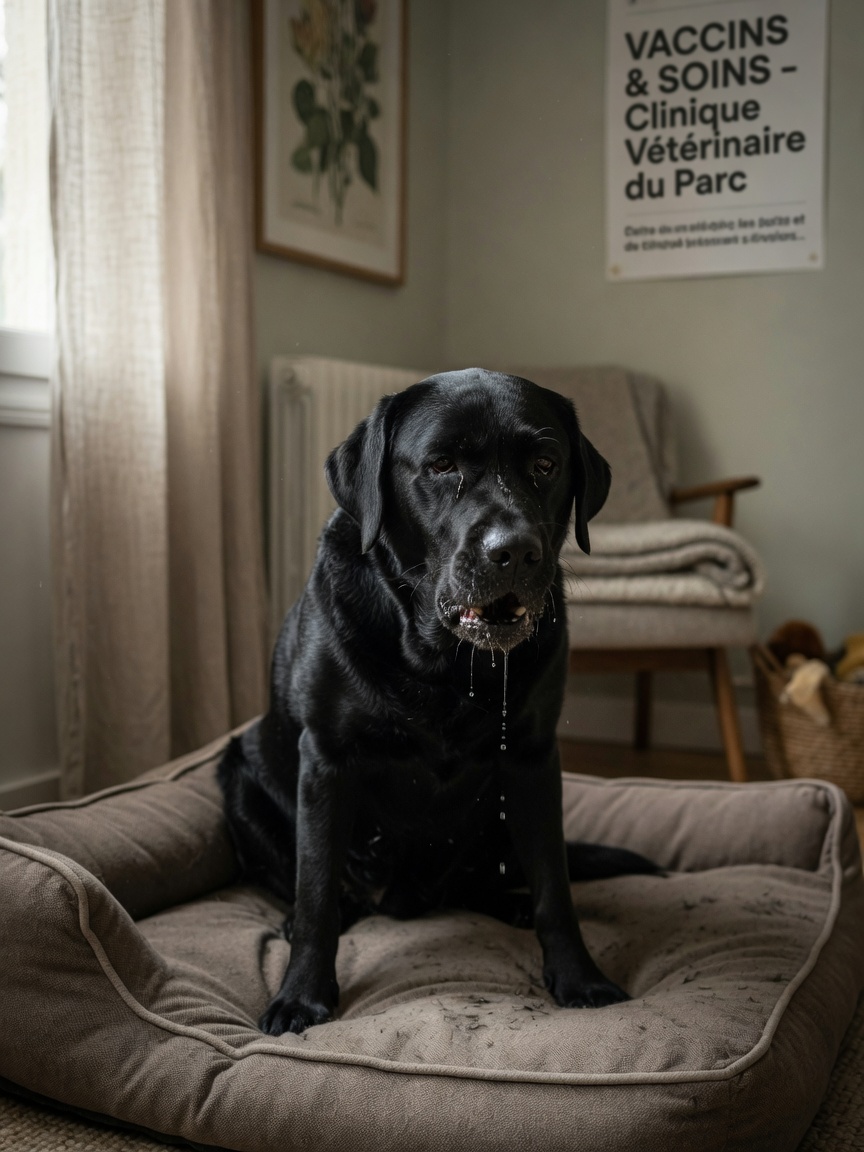 Black Labrador Retriever showing flu symptoms: coughing, nasal discharge, watery eyes, and lethargy on a dog bed