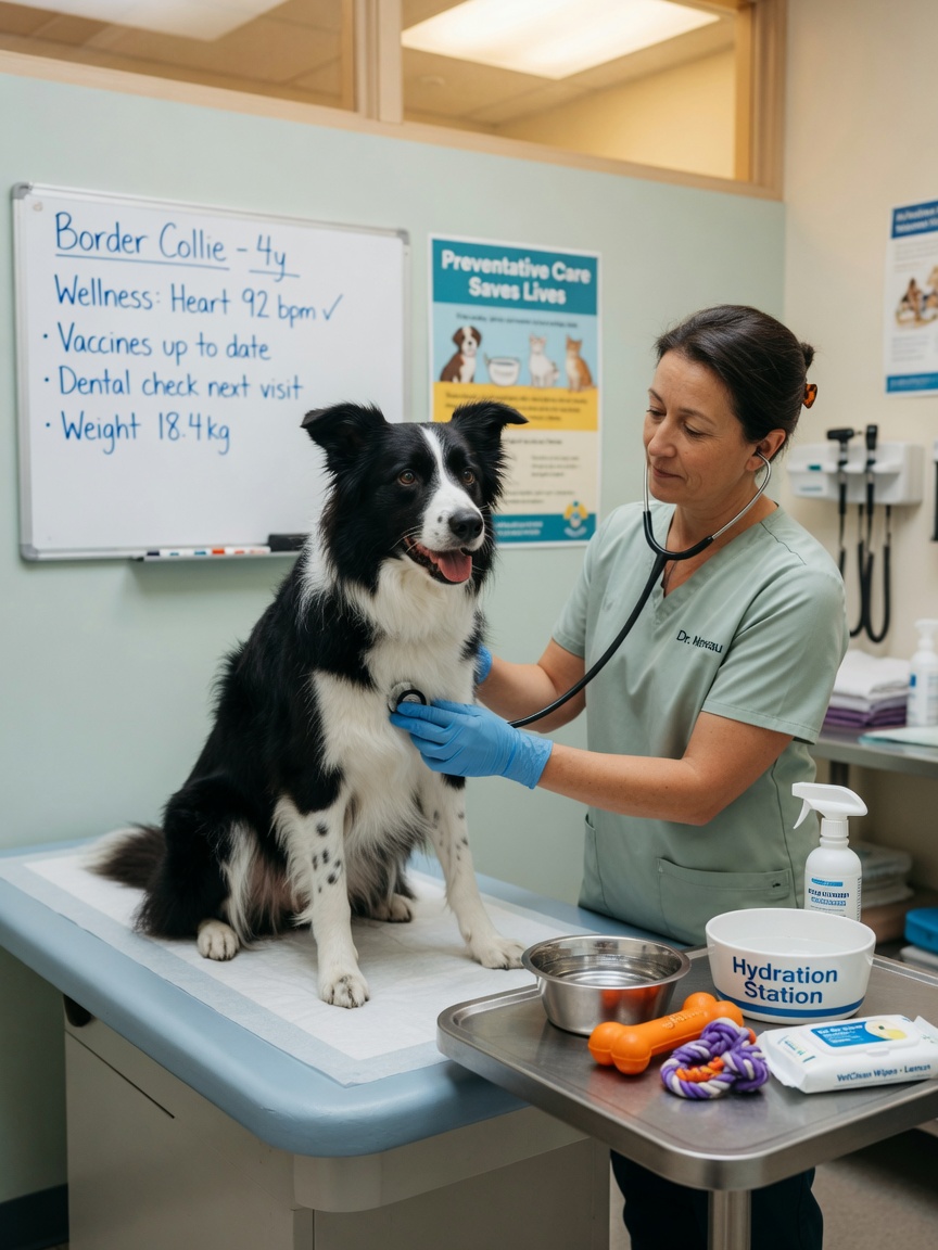 Veterinarian examining Border Collie with stethoscope during preventative wellness check, with clean toys and water bowls visible