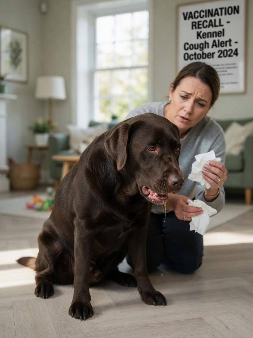 Sick chocolate Labrador showing cough and nasal discharge at home while concerned owner watches