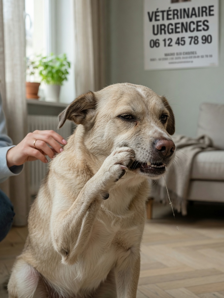 Dog showing signs of nasal distress by pawing at its nose with visible facial swelling