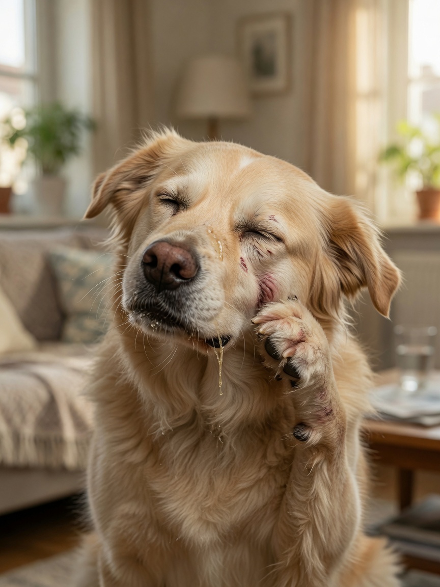 Dog displaying clinical symptoms of nasal mite infestation including sneezing and facial scratching