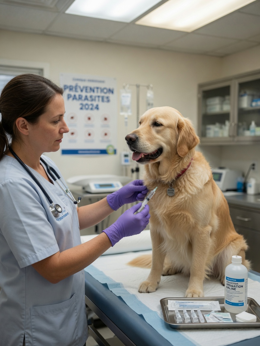 Veterinarian administering antiparasitic medication treatment for canine nasal mites