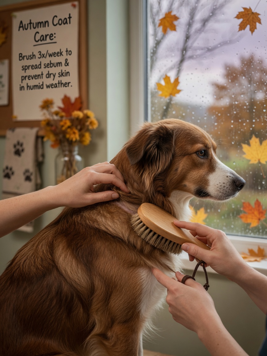 Close-up of hands grooming a dog's coat with a brush indoors during autumn