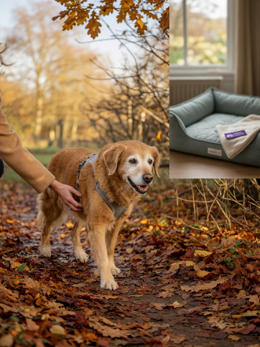 Senior dog with grey muzzle walking gently with owner on a leaf-covered autumn path