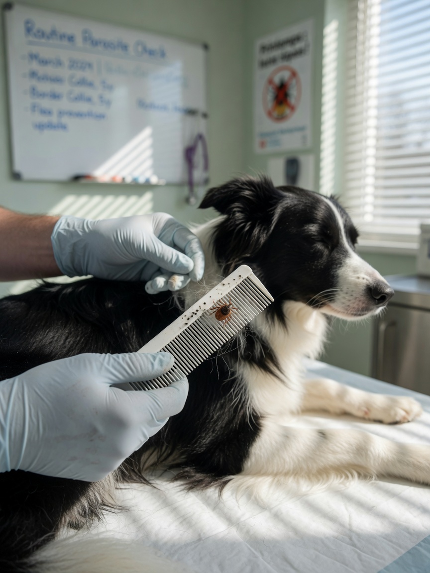 A veterinarian examining a dog's coat with a fine-tooth comb to check for fleas and ticks during a spring health check.
